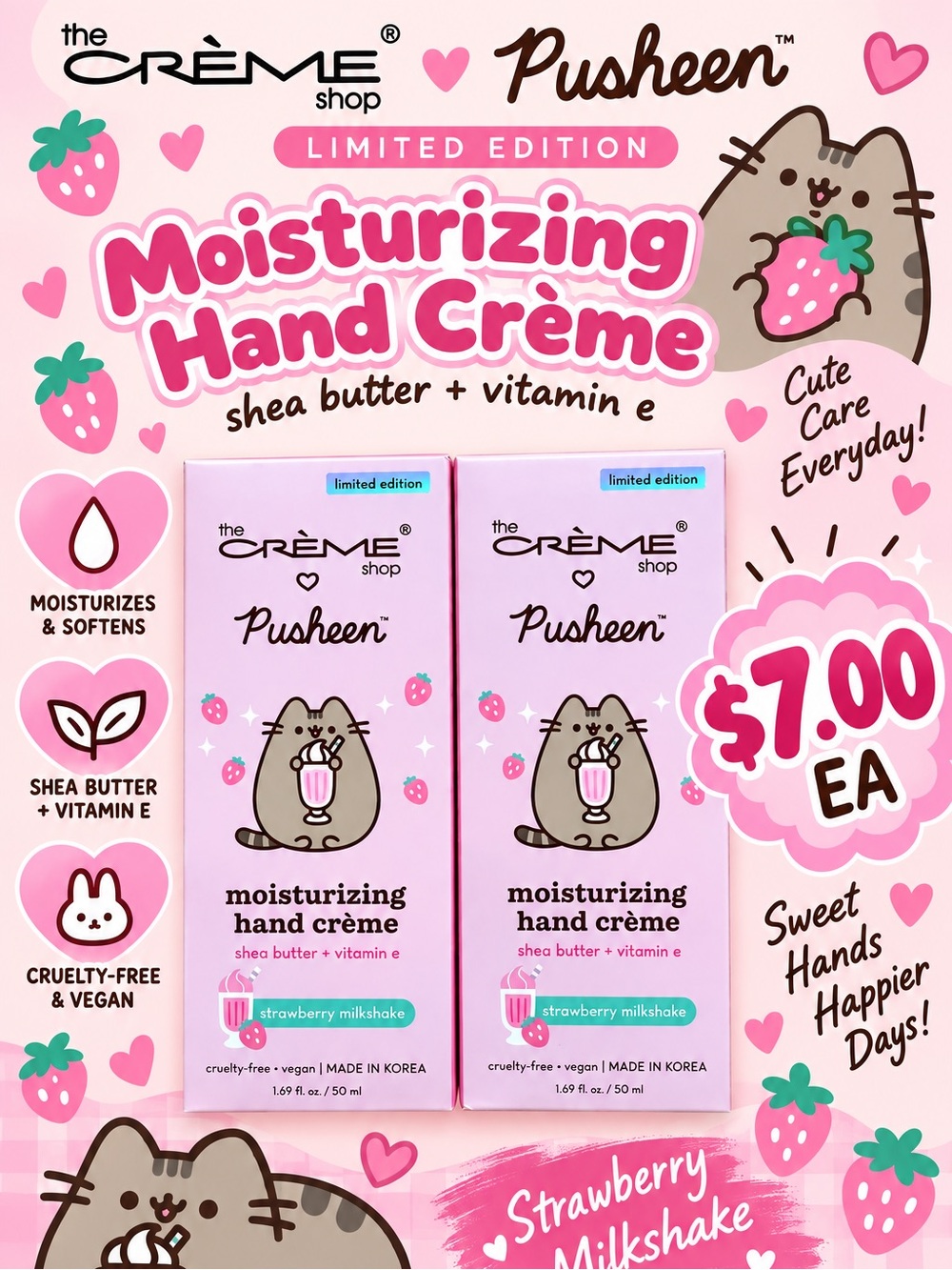 The Crème Shop Pusheen Moisturizing Hand Crème – Pink (Strawberry Milkshake)